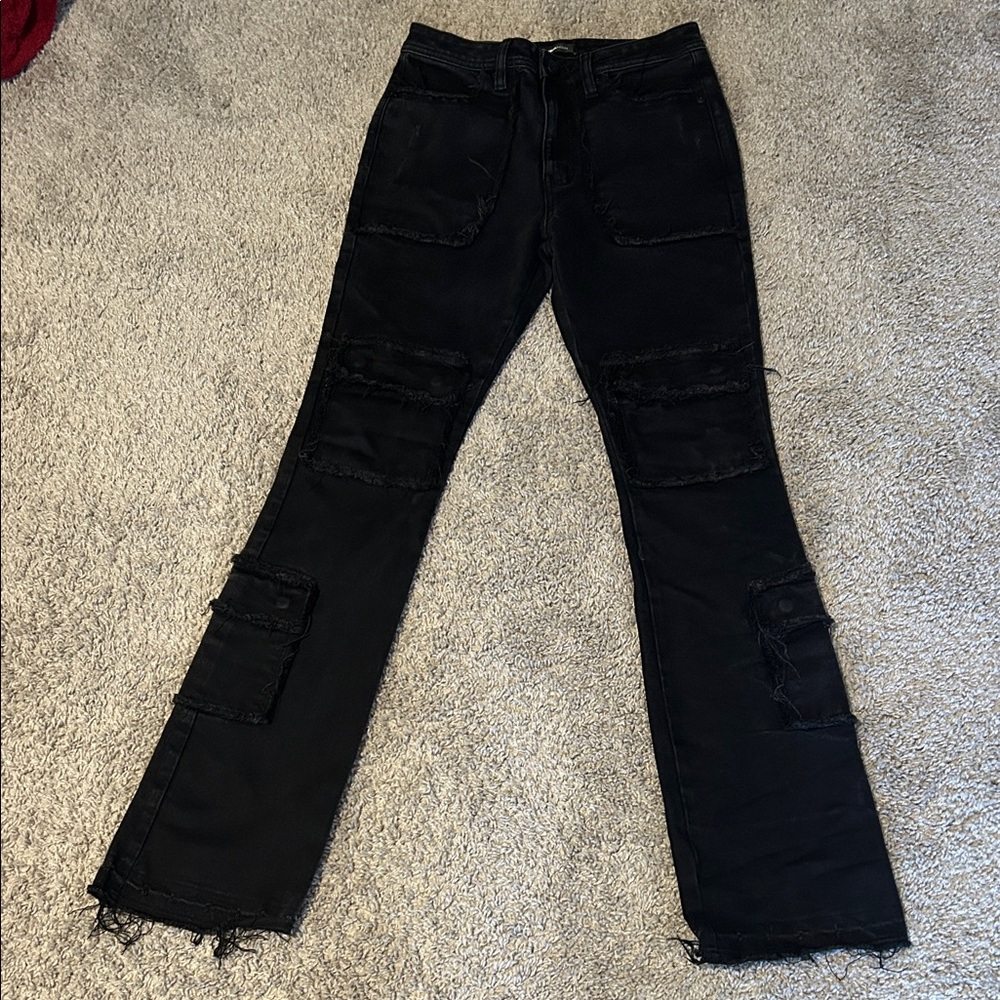 Fashion Nova Stacked Black Distressed flare men Jeans